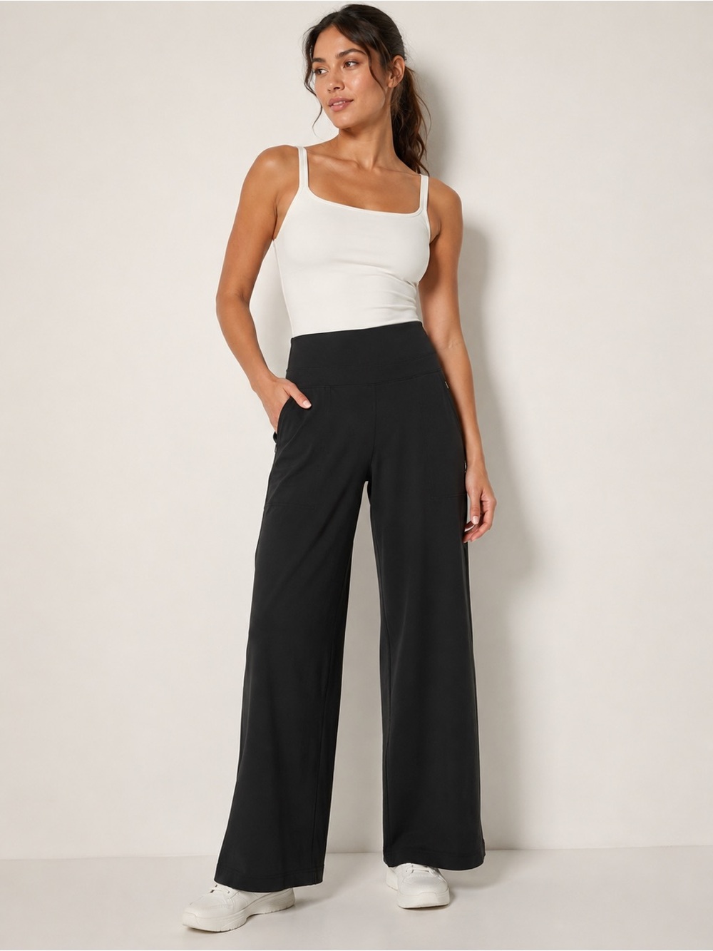 Athleta Wide Leg Black Travel Pants Stretch High Rise Women’s L